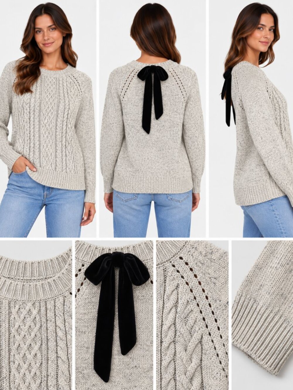 Jack by BB Dakota Gray Cable Knit Bow Back Sweater M